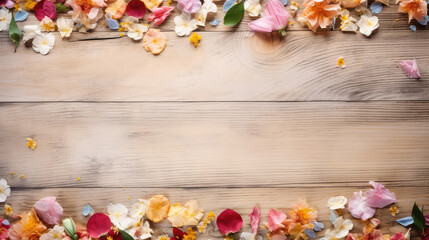 Wall Mural - flowers and scattered petals on rustic wooden table texture top view  with copy space.