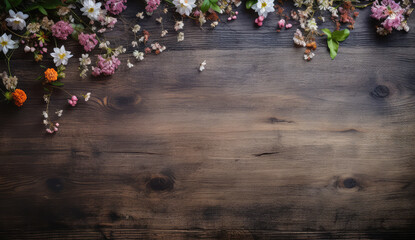 Wall Mural - spring flowers and scattered petals on dark rustic wooden table texture top view  with copy space.