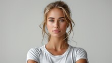 Pretty Blonde Female Standing And Looking At The Camera, Wearing Long White Cotton T-shirt, White Shirt Mockup, White Background