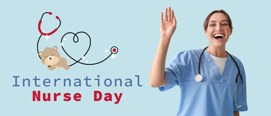 Canvas Print - Happy female medical worker waving hand on light blue background. Banner for International Nurse Day