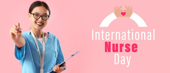 Sticker - Female medical worker with clipboard on pink background. Banner for International Nurse Day