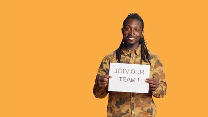 Wall Mural - African american job recruiter showing papers for workforce, looking to hire personnel for company growth. Human resources specialist hiring people, searching for someone to fill vacancy.