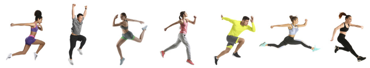 Wall Mural - Set of sporty running and jumping people on white background