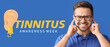 Banner for Tinnitus Awareness Week with young man having hearing disorder