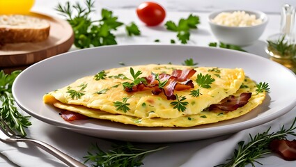 Wall Mural - Egg omelette with fried bacon and rosemary on a white plate on the dining room table