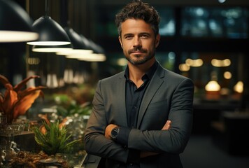 A confident man stands tall, his arms crossed in front of a vibrant houseplant, a smile gracing his human face as he exudes style and sophistication in his tailored suit