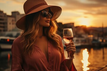 Canvas Print - An elegant woman sips her wine under the setting sun, her fedora adding a touch of sophistication to her street style