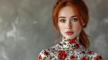 Wall Mural - Swedish supermodel, red hair, sleek ponytail, natural beauty model, elegant dress, turtle neck, gorgeous body