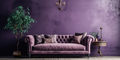 Poster - Grunge-inspired interior with a beautiful classical-style sofa against textured purple walls.