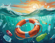 Ocean Plastic Pollution Concept With Plastic Waist And Lifebuoy Floating In The Ocean Or Sea