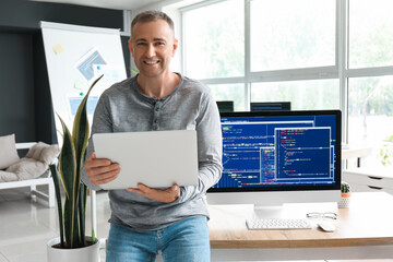 Mature male programmer with laptop in light office
