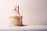Fototapeta Tęcza - Number Four Shaped Birthday Cake with Lit Candle on Bright Background Copy Space