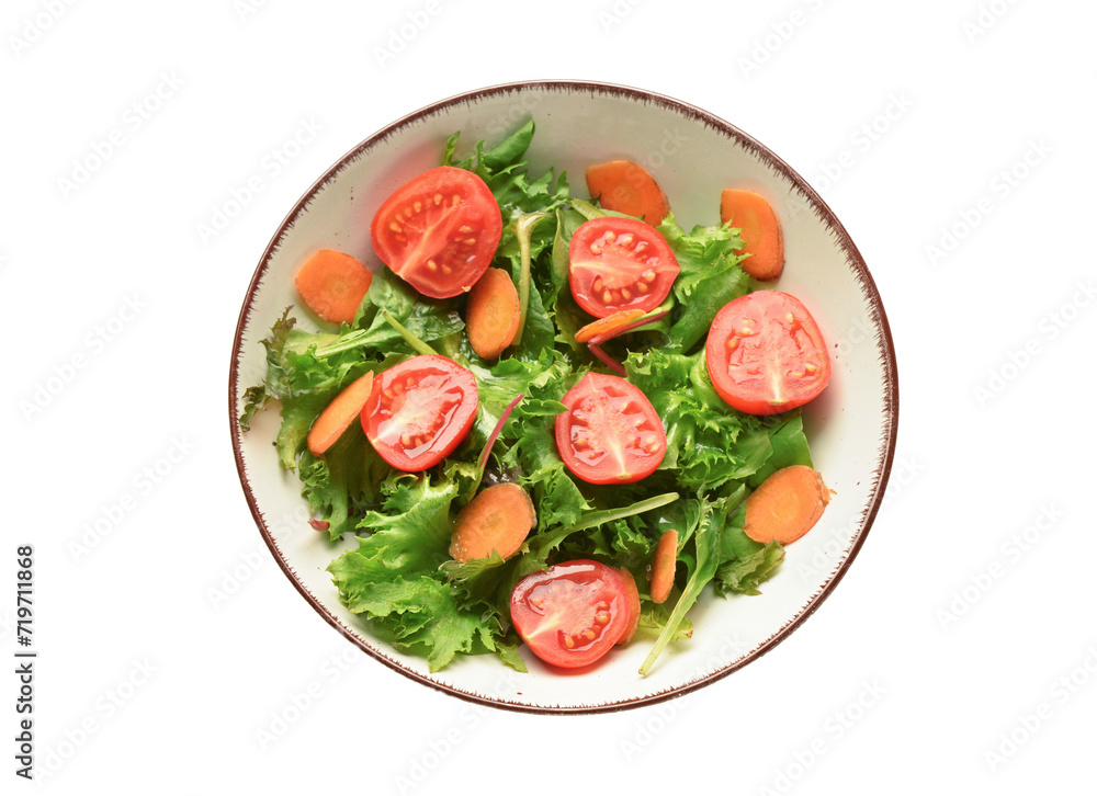 Bowl with fresh vegetable salad on white background