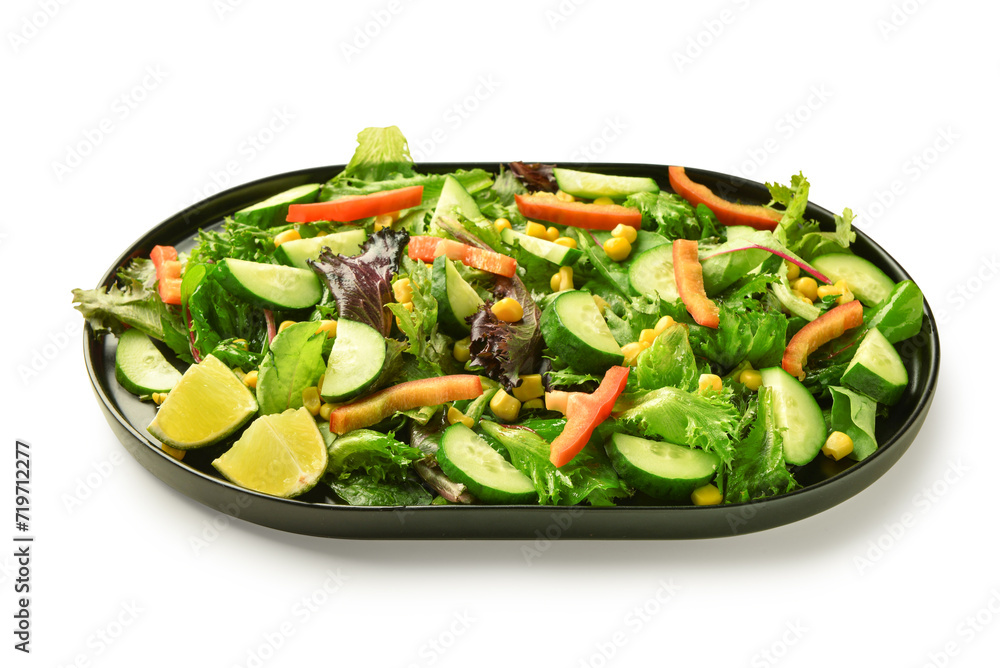 Plate with fresh vegetable salad on white background
