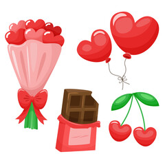 Wall Mural - Valentine's day elements set. a bunch of heart, chocolate, cherry and balloon for decorative. Stickers cartoon style. Vector illustration.