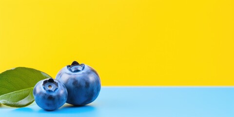 Wall Mural - Ripe Blueberry on Yellow Background and Blue Surface. Wild Berry, Vegetarian Sweet Food. Generative AI