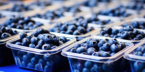 Wall Mural - Plastic Packs of Blueberries for Sale at Farm Market. Organic Bilberry, Healthy Food in Containers. Ripe Berry. Generative AI