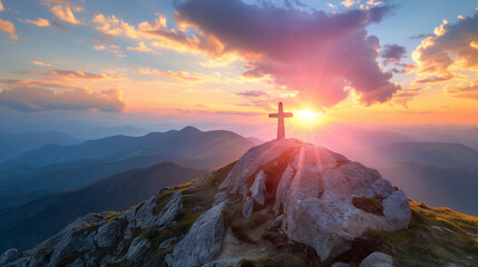 Wall Mural - The holy cross rises from the top of a mountain, embedded in the impressive backdrop of a cracked mountain range. The sun is shining brightly in the sky and bathes the scene in a warm, golden light.