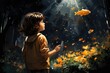 A curious child in their colorful clothing gazes in awe at a beautiful goldfish swimming in the aquarium, sparking their interest in the fascinating world of marine biology