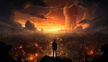 As The Sun Sets And The Sky Transforms Into A Canvas Of Fiery Clouds, A Man Stands On The Edge Of A City, Feeling The Weight Of Nature's Heat And The Allure Of The Night
