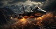 A sleek fighter jet soars through the clouds, navigating the rugged mountain terrain with precision and grace, embodying the power and adrenaline of aerial warfare in this exhilarating pc game