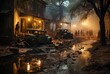 Amidst the chaos of a natural disaster, a group of people struggle to navigate through the muddy street, their cars and buildings engulfed in fog and fire, as rain pours down from the dark night sky