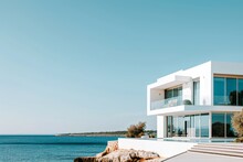 Modern White Villa With Sea View On The Background. Nobody Inside. AI Generated