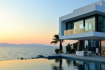 Poster - Modern house with pool and sea view for sunset. AI generated