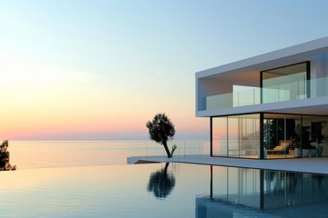 Poster - Modern house by the sea at sunset with beautiful sky. AI generated