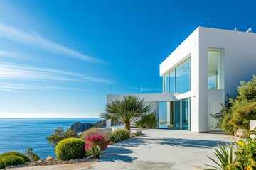Poster - White modern house on the beach with sea view. AI generated