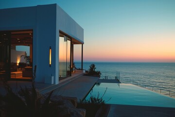 Poster - Luxury villa with swimming pool and sea view at sunset. AI generated