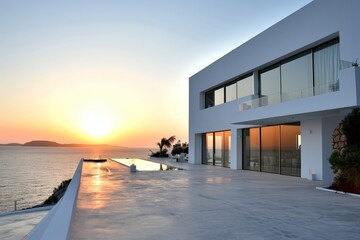 Poster - Modern white villa with sea view at sunset. AI generated