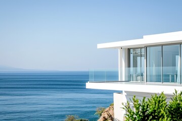 Poster - Modern house on the sea, view from the terrace. Nobody inside. AI generated