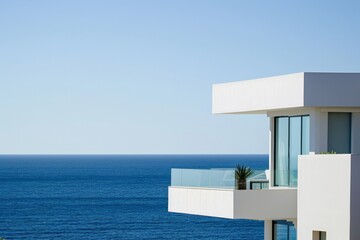Poster - Modern architecture, white house by the sea, view from the balcony. AI generated