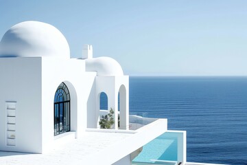 Poster - White architecture, beautiful landscape with sea view. AI generated