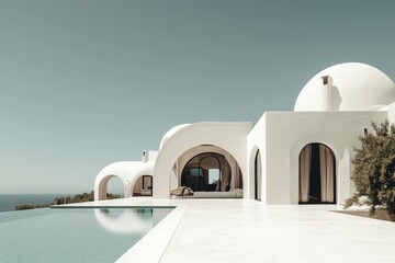 Poster - White architecture with clear sky and a big pool. AI generated