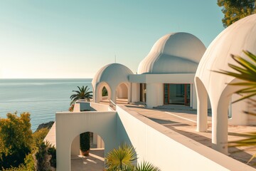 Wall Mural - White architecture, beautiful landscape with sea view. AI generated