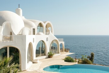 Wall Mural - White architecture on beautiful sea view. AI generated