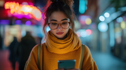 Wall Mural - Woman With Glasses Engrossed in Cell Phone