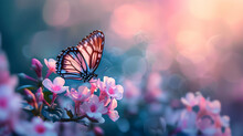 Butterfly And Cherry Blossoms With Sparkling Light, Evoking Spring Magic.