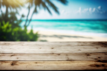 Empty Rustic Wooden Table On Blur Background Of Beautiful Beach For Mockup Summer Product Display Or Travel Ad. Picnic Table With Customizable Space On Table-top For Editing. Flawless Generative Ai