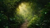 Fototapeta Natura - Jungle background. A beautiful path through the impenetrable jungle. Mysterious impenetrable jungle overgrown with exotic plants. Background. Tropical paradise. Generative AI