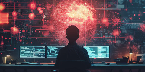 Cybersecurity expert analyzing network threat data on screens in a dark room with digital virus representations