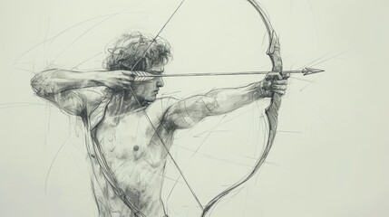 Artistic sketch of an archer in concentration, poised to release an arrow, embodying the precision and focus of archery at the Summer Olympics in Paris.