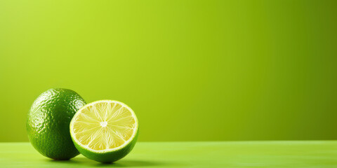 Wall Mural - Sour Citrus Fruits Background. Lime and Half Slice on Green Surface, Closeup with Copy Space. Generative AI