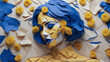 portrait of young woman with blue cut paper hair and yellow mimosa flowers - women's day concept