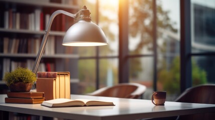 Home workplace library with wooden table, books and desk lamp near window on blur nature background.