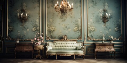 Wall Mural - Elegant rococo-style room with vintage wallpaper in a classic royal home.
