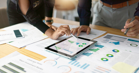 Poster - Business people, data analysis with tablet and paperwork, hands with online review in meeting and team with market research. Statistics, analytics dashboard and digital infographic with collaboration
