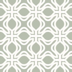 Wall Mural - Vector ornamental seamless pattern. Elegant geometric texture with curved shapes, floral silhouettes, leaves, grid, lattice. Sage green color ornament. Simple vintage tileable background. Geo design